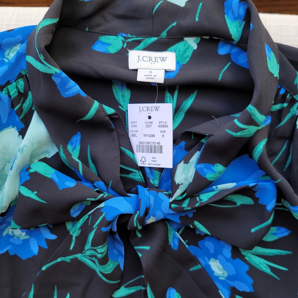 New! J. Crew size Small S Long Sleeve Bow Top Blue Floral Blouse NWT - Picture 6 of 16
